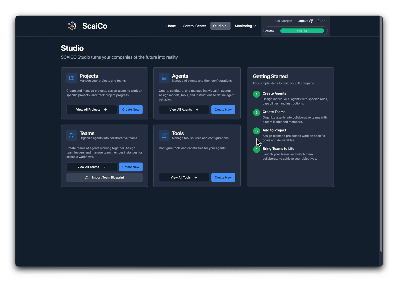 Scaico studio showing projects, agents, teams, tools, and the getting-started sequence.